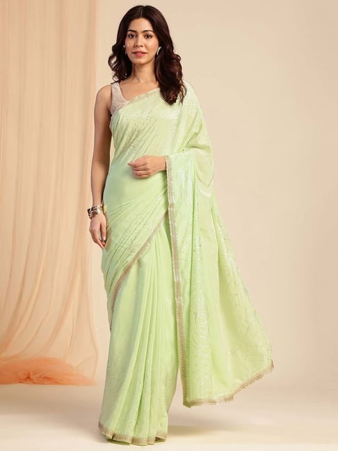 navyasa by liva Green Printed Saree With Unstitched Blouse-picture-22