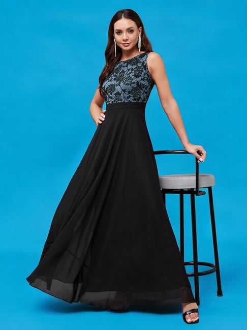 Miss Chase Blue & Black Floral Print Maxi Dress-picture-14