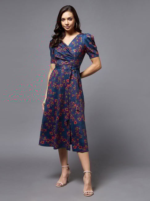 Miss Chase Teal Floral Print A Line Dress