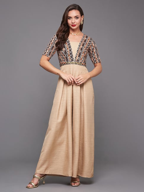 Miss Chase Beige Printed Jumpsuit