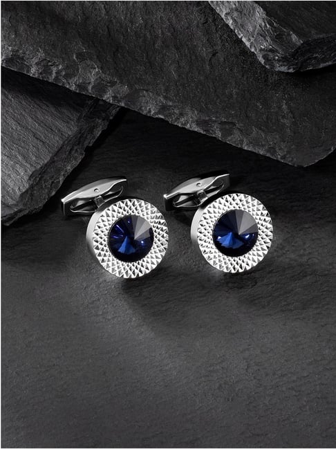 Buy Peora Silver Plated Circular Blue Crystal Cufflinks for Men