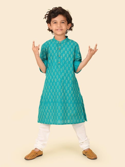 Fabindia Kids Teal Cotton Printed Kurtas-picture-21