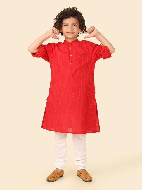 Fabindia Kids Red Cotton Self Pattern Kurtas-picture-12