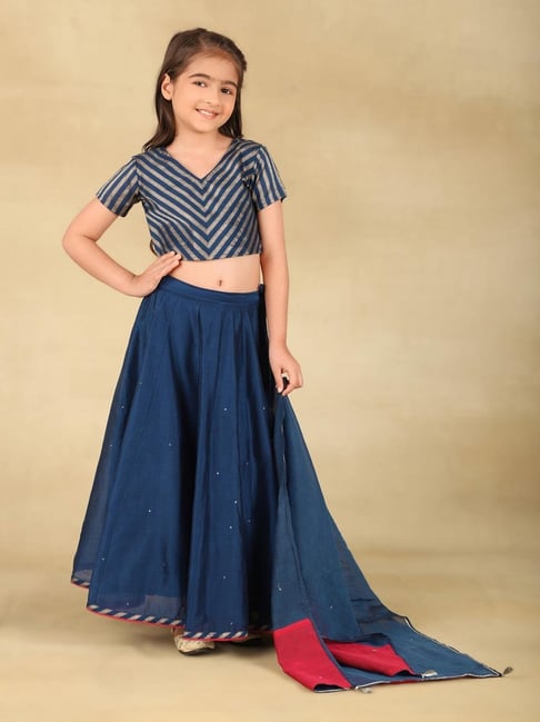 Fabindia Kids Navy Woven Lehenga Set-picture-28