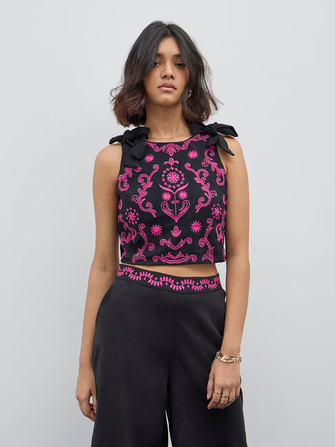 Bombay Paisley by Westside Black Embroidered Cotton Blend Top