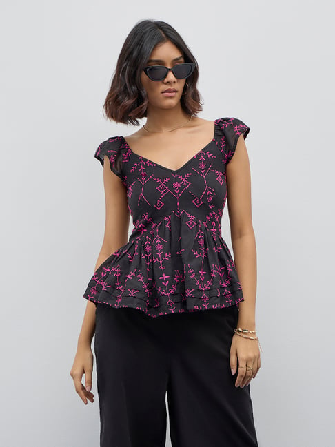 Bombay Paisley by Westside Black Schiffli Peplum Cotton Blend Top