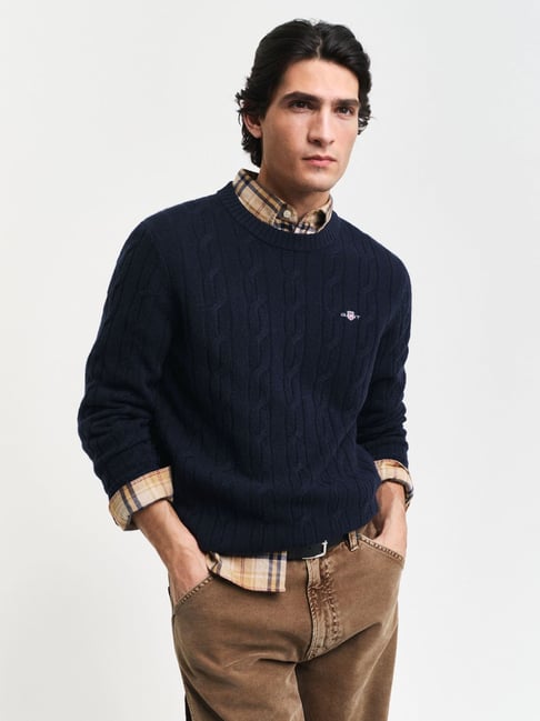 Gant Blue Regular Fit Solid Sweater