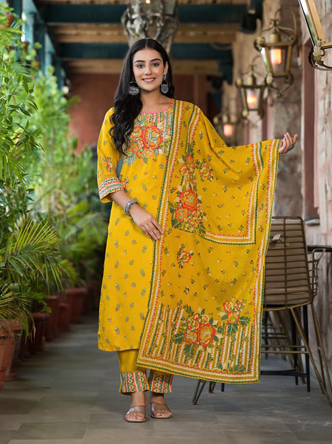 Juniper Mustard Printed Kurta With Pant & Dupatta