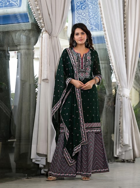 Juniper Dark Green Floral Kurta With Sharara & Dupatta