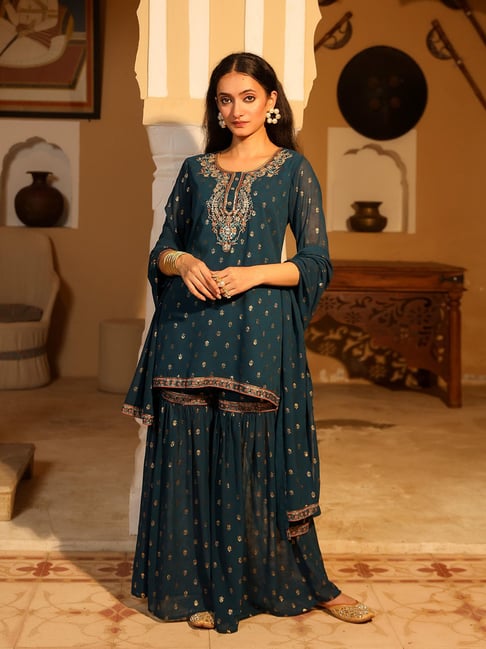 Juniper Teal Printed Kurta With Sharara & Dupatta