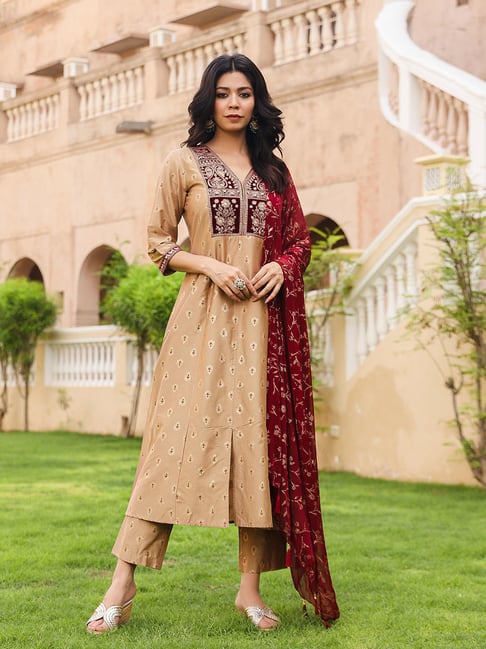 Juniper Gold Printed Kurta With Pant & Dupatta