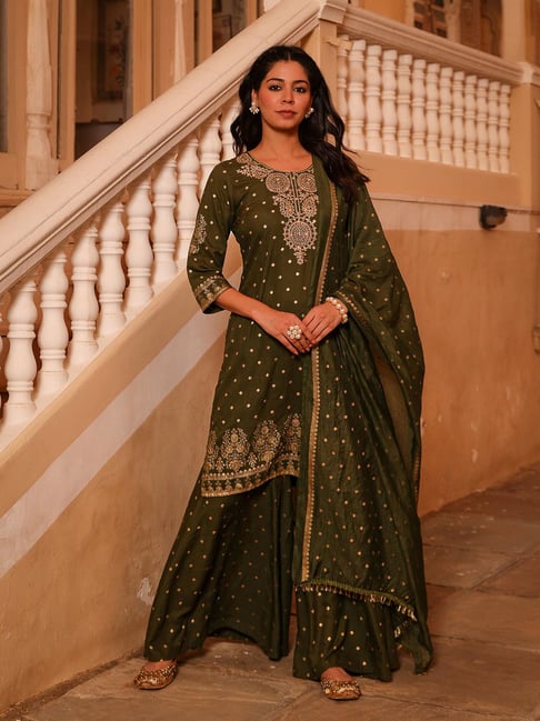 Juniper Dark Olive Printed Kurta With Sharara & Dupatta