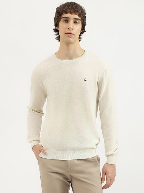 United Colors of Benetton White Wool Blend Regular Solid Sweater