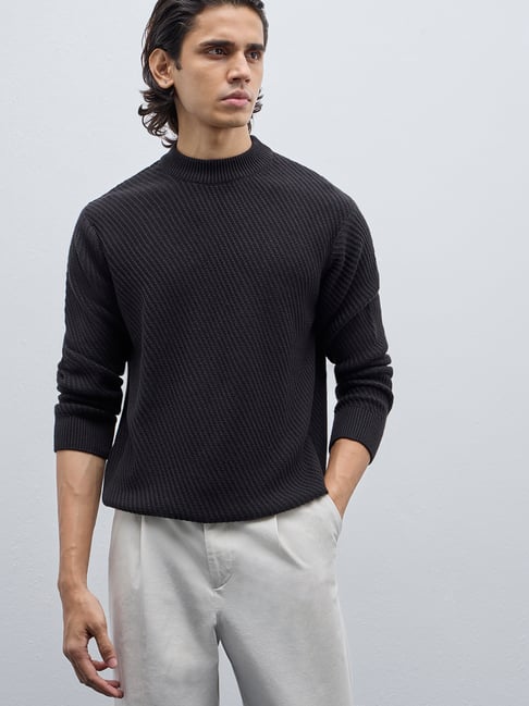 Ascot by Westside Black Knitted Relaxed-Fit Cotton Sweater