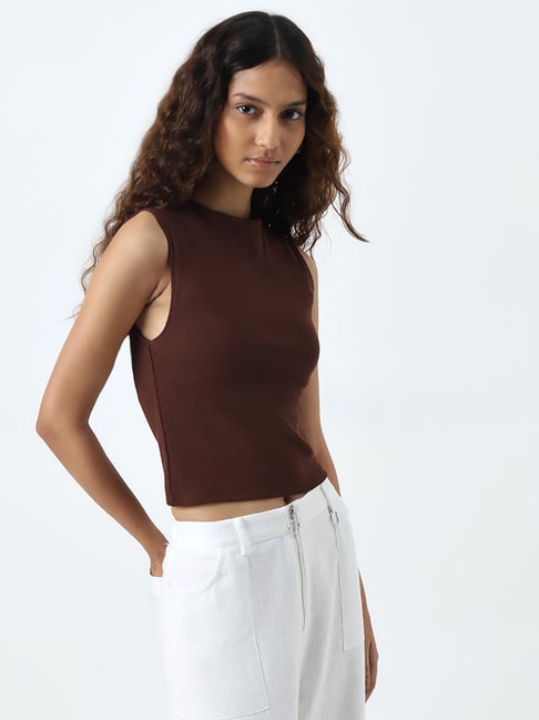 Nuon by Westside Brown Ribbed Cotton Blend Top