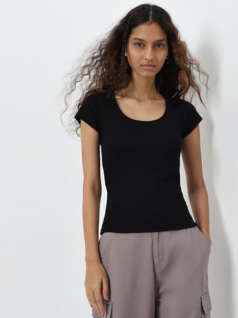 Nuon by Westside Black Ribbed Cotton Blend T-Shirt