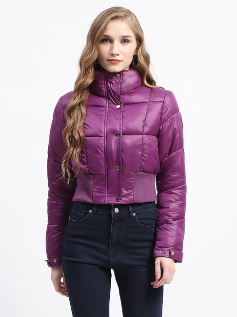 MADAME Purple Regular Fit Crop Puffer Jacket