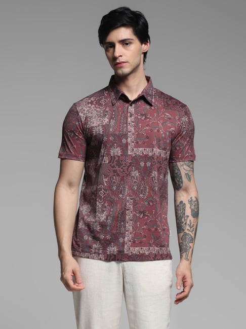 Jack & Jones Pink Cotton Regular Fit Floral Print Polo T-Shirt