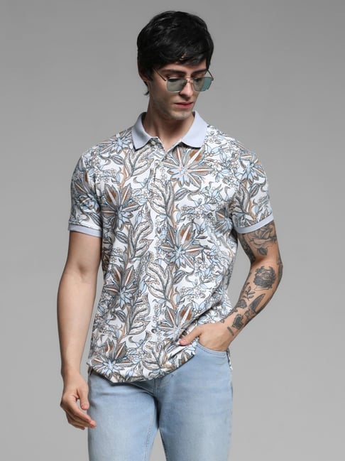 Jack Jones Blue Cotton Slim Fit Floral Print Polo T-Shirt