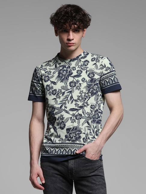 Jack & Jones Beige Cotton Slim Fit Floral Print T-Shirt