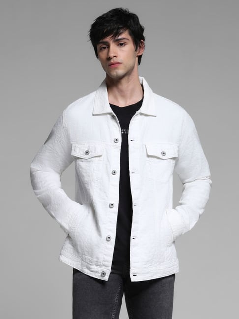 Buy Jack Jones White Cotton Regular Fit Texture Denim Jacket for