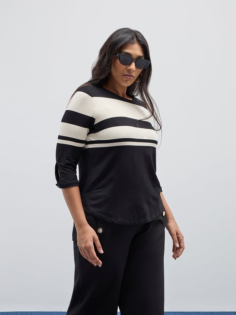 Gia by Westside Black Stripe Printed Cotton T-Shirt