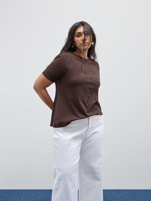 Gia by Westside Brown Floral Embroidered Cotton T-Shirt