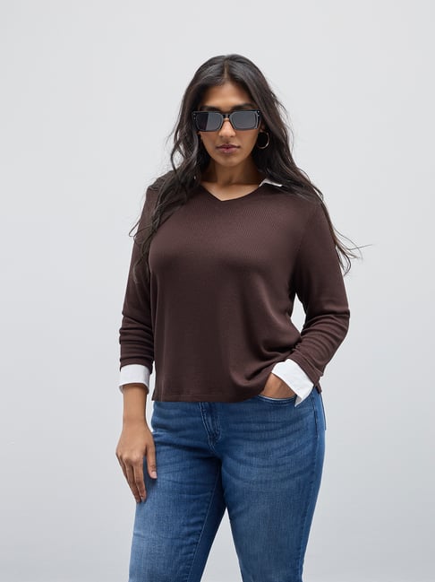 Gia by Westside Brown Ribbed Textured Collared T-Shirt