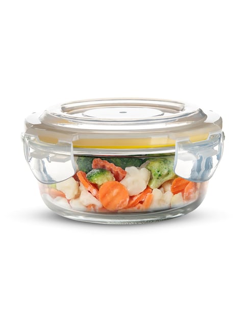 Bergner Borosilicate Glass Side Lock 400ml Storage Round Container with Lid (Yellow Gasket)