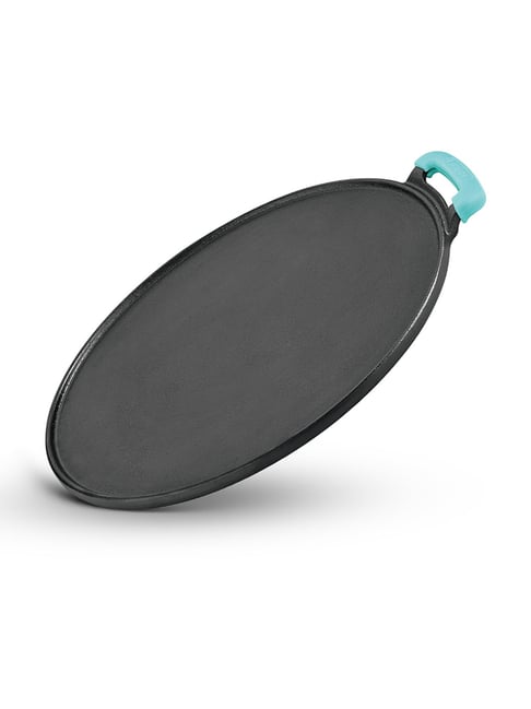 Bergner Black Eco Cast Iron Flat Multi Tawa with One Sided Handle & Silicone Sleeve (30cm/12")