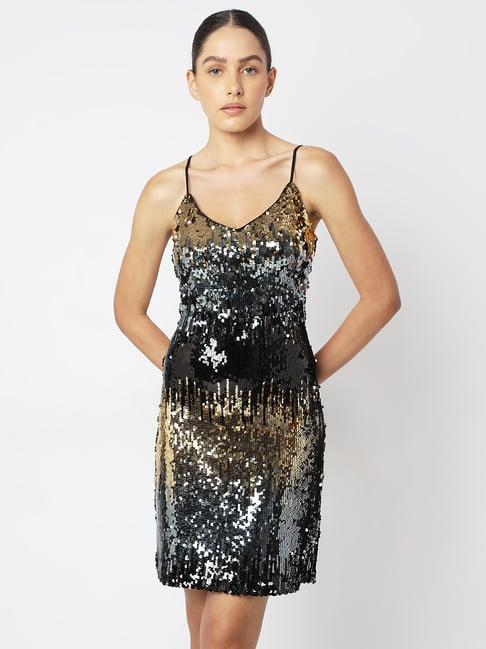 slim fit dress slacks 1950's Inspired Western Patio Dress, Black & Metallic Gold