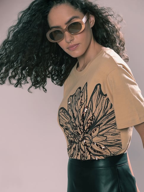 Vero Moda Brown Cotton Embellished T-Shirt