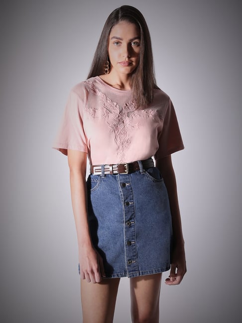 Vero Moda Dusty Pink Cotton Self Design T-Shirt