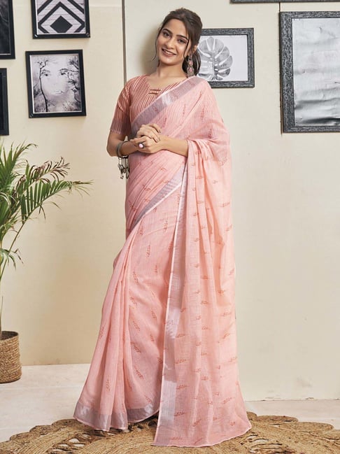 Satrani Rose Pink Cotton Printed Saree With Unstitched Blouse-picture-12