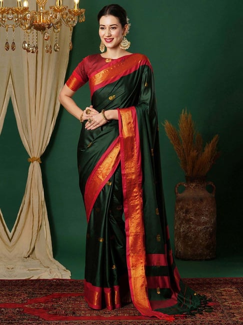 Satrani Dark Green Red Silk Woven Saree With Unstitched Blouse