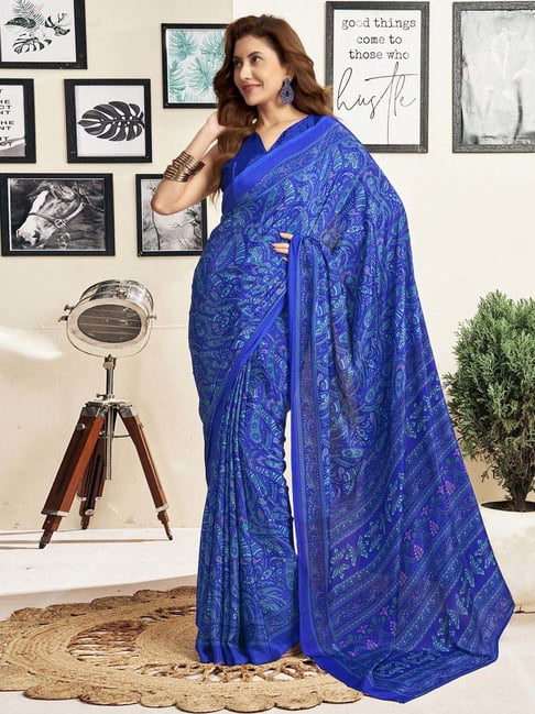 Satrani Blue Paisley Saree With Unstitched Blouse-picture-46