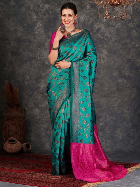 Satrani Teal Green & Magenta Silk Woven Saree With Unstitched Blouse