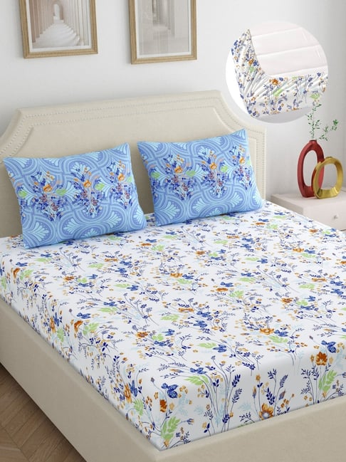 Home Ecstasy Floral Purple 300 TC Cotton King Fitted Bedsheet with 2 Pillow Cover-picture-10