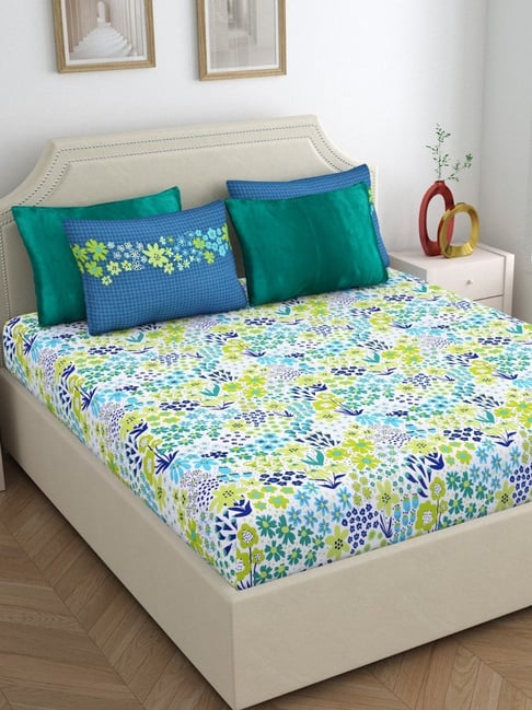 Home Ecstasy Floral Blue 140 TC Cotton Double Bedsheet with 4 Pillow Covers-picture-16