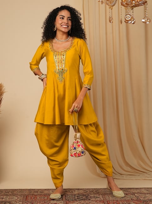 Globus Yellow Regular fit Embroidery Suit Sets