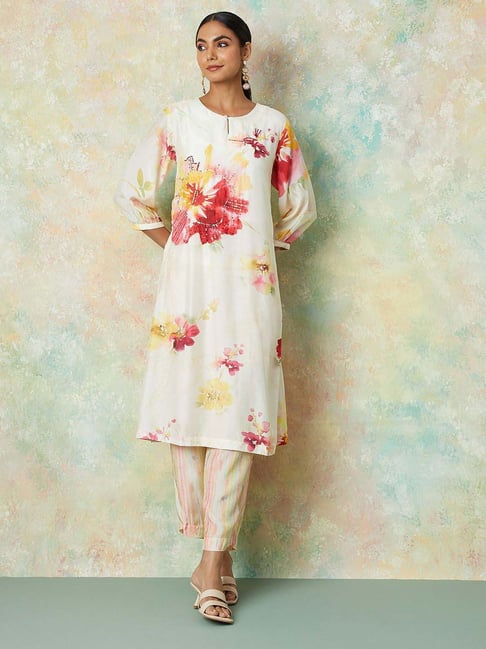 Melange by Lifestyle White Embroidered Kurta Pant Set