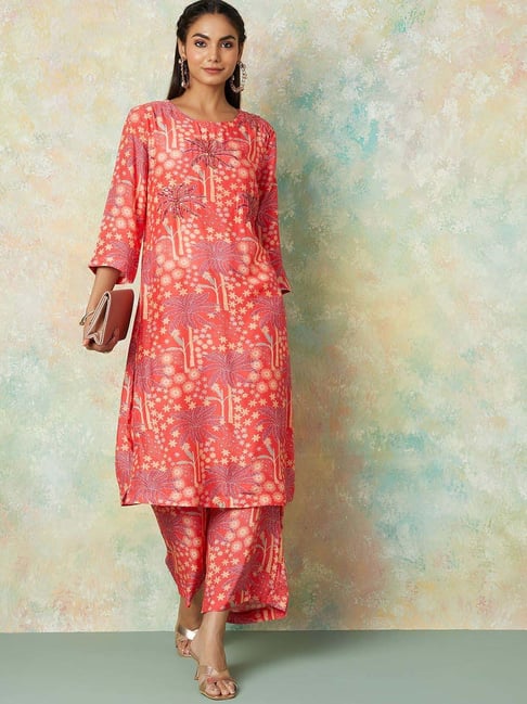 Melange by Lifestyle Orange Printed Kurta Pant Set