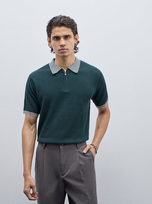 Ascot by Westside Green Textured Relaxed-Fit Cotton T-Shirt