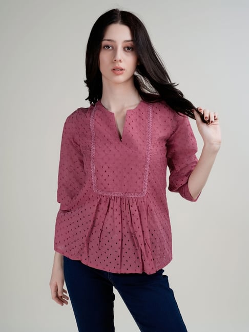 House of Mira Red Viscose Embroidery Peplum Top