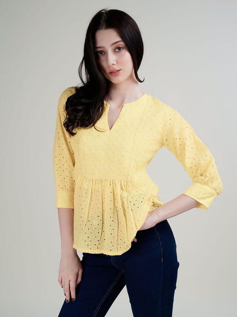 House of Mira Yellow Viscose Embroidery Peplum Top
