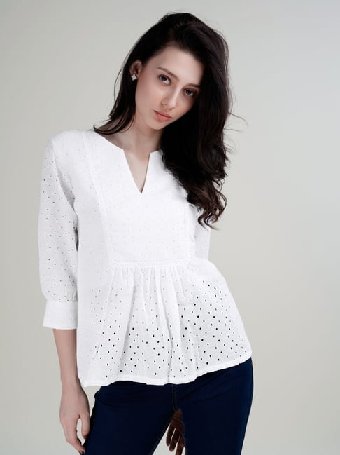 House of Mira White Viscose Embroidery Peplum Top