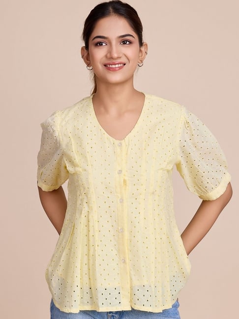 House of Mira Yellow Viscose Embroidery Peplum Top-picture-24