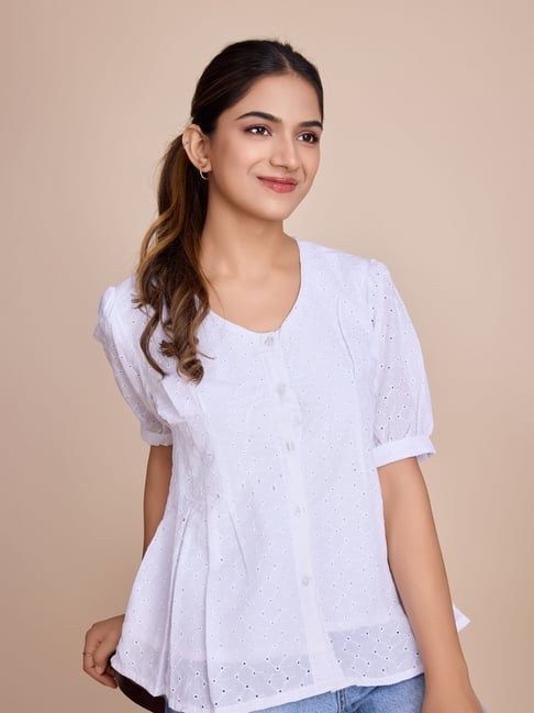 House of Mira White Viscose Embroidery Peplum Top