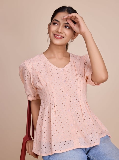 House of Mira Peach Viscose Embroidery Peplum Top-picture-12