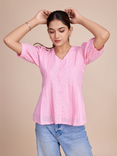 House of Mira Pink Viscose Embroidery Peplum Top